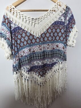 Zara Blue, White & Purple Crochet Fringe Boho Tunic